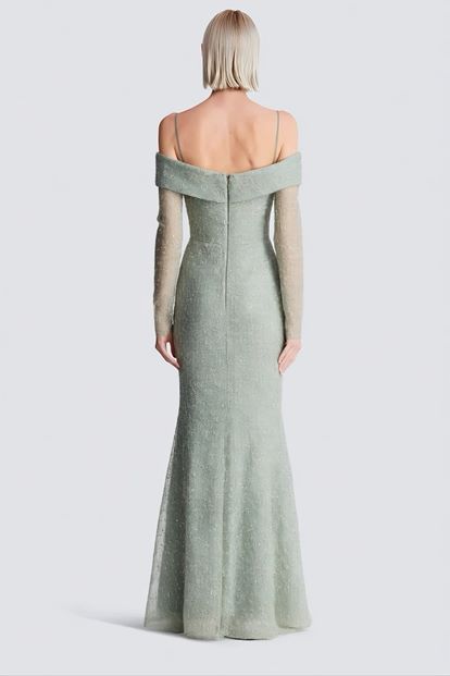 Mint Kayık Yaka Işıltılı Abiye Elbise